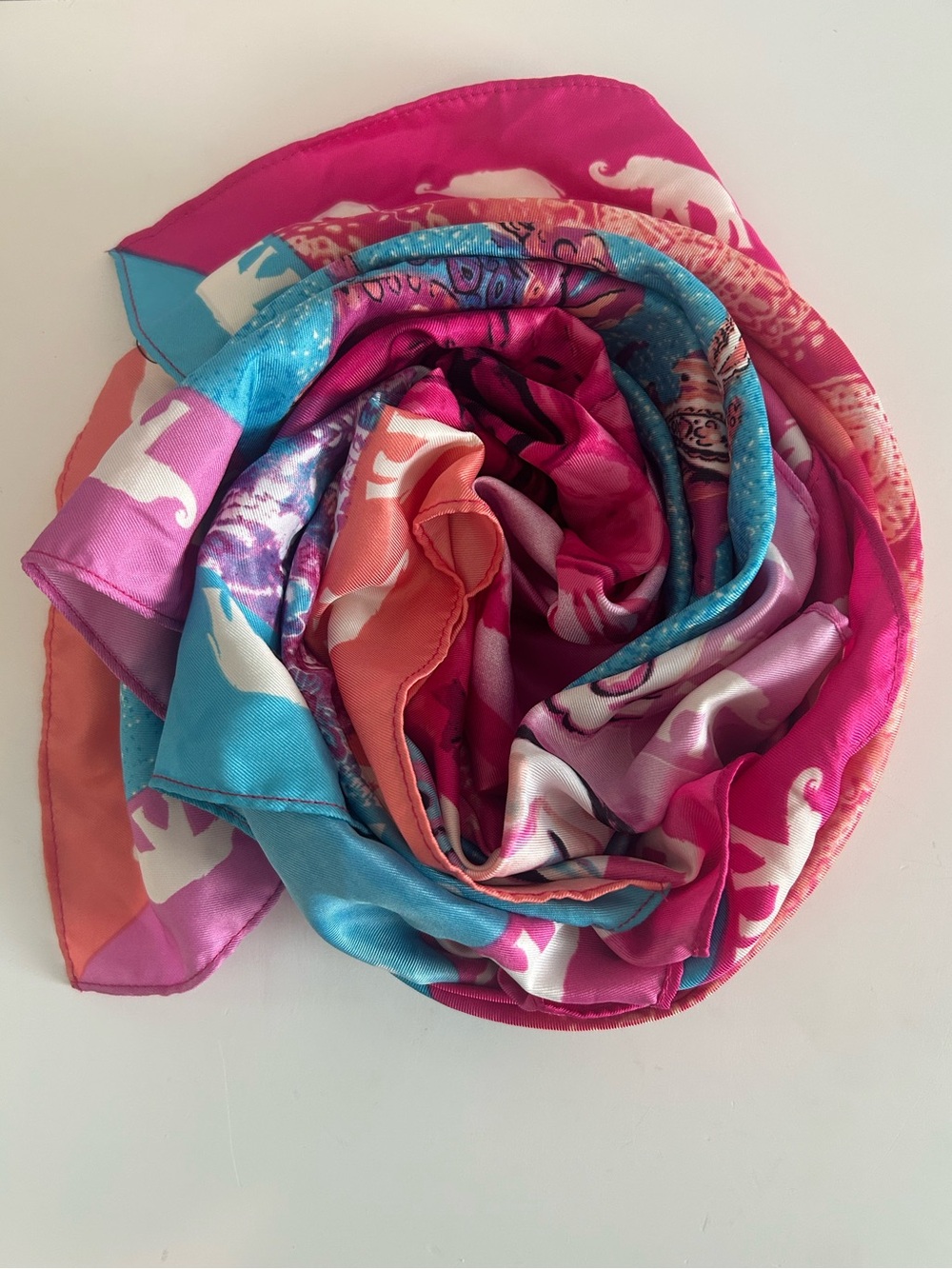 NWT Chico's Exotic Patchwork Oversized Square Scarf Elephants Blue & Coral, OS